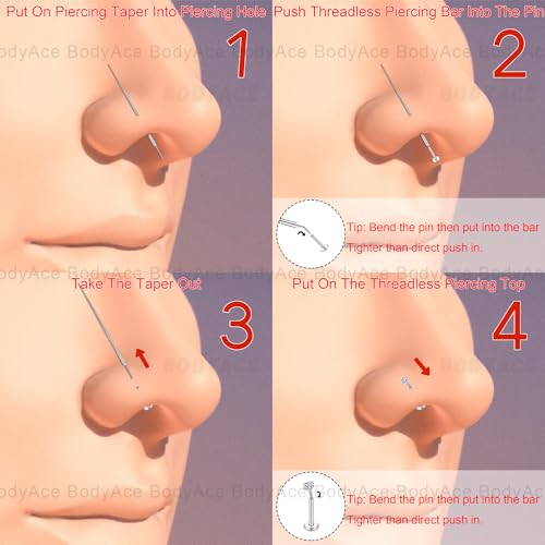 BodyAce 14G 16G 18G 20G Piercing Taper, Stainless Steel Threadless Insertion Pin Screw On Assistant Tool, Curved Body Piercing Stretching Kit for Ear/Nose/Navel/Lip/Eyebrow [16G(1.2mm) Mix] - Thumbnail 3