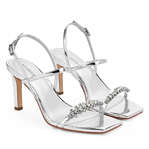 Modatope High Heel Rhinestone Sandals For Women Silver Strappy Sandals Women Ankle Strap Open Toe Sandals Heeled Sandals Women Size 8 #TOP3