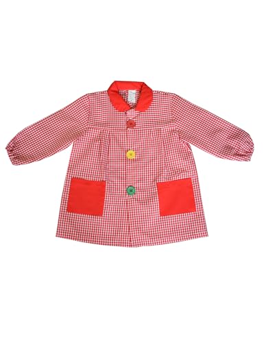 ESCOLAIN Bata Escolar (Fabricada en España) Baby Mandilon Infantil de Cuadros para niño o niña Uso Guardería Colegio Escuela Botón Grande y 2 Bolsillos (Rojo, 2)