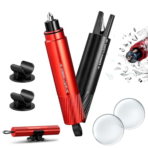 Tatxmalv 2 Stück Auto Sicherheitshammer Multifunktional, 2 In 1 Gurtschneider Notfallhammer, Notfallhammer Auto Tragbar mit Sicherheitsgurtschneider, Geeignet für Autos, Busse (Rot + Schwarz)