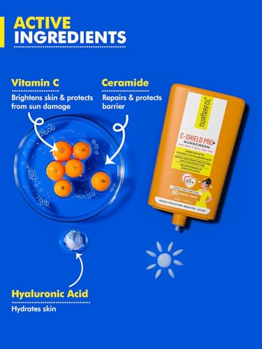 Image of NUATRAFOL Vitamin C-Shield Pro+ Sunscreen | SPF 50 PA++++ | Matte Finish & Water-Light Fluid | With 10% Vitamin C, 1% Hyaluronic Acid & 1% Ceramide | No White Cast | Broad Spectrum UVA /UVB Protection | 50gm