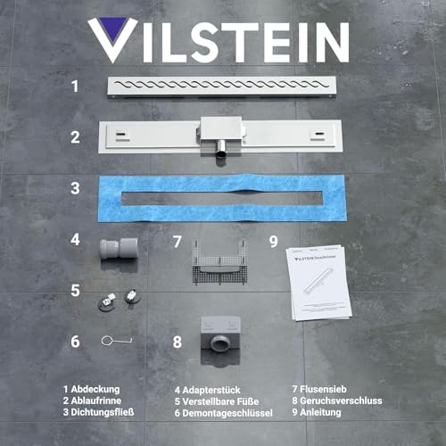 VILSTEIN Duschrinne 120cm, Edelstahl Bodenablauf Komplettset extra flach, Siphon mit Geruchsstop, Haarsieb - Kurze Welle