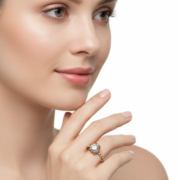Image of 55Carat Choose Your Gemstone 6 Petal Ring Yellow Gold Plated Round Shape Halo Engagement Rings Well Shaped for Any Gift Giving Occassion Modern Style Enchating Women US Size 4 to 12