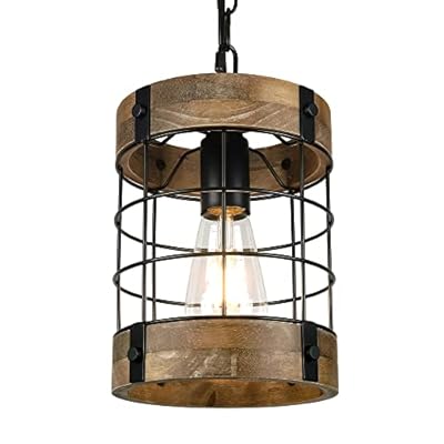 Farmhouse Rustic Chandelier Light Fixture, Round Hanging Pendant Lighting for Dining Room Entryway Kitchen Island Foyer Breakfast Area, Black Wood and Black Metal Finish