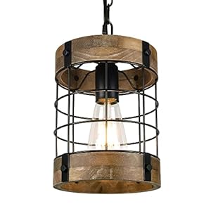 Rustic Pendant Light Fixtures Farmhouse Kitchen Wood Hanging Lighting Industrial Round Cage Chandelier for Entryway Hallway Dining Room Bedroom Foyer