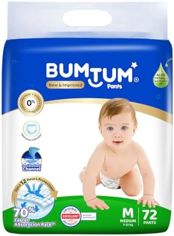 Bumtum Baby Diaper Pants, Medium Size, 72 Count, Double Layer Leakage Protection Infused With Aloe Vera, Cottony Soft High Absorb Technology (Pack of 1)