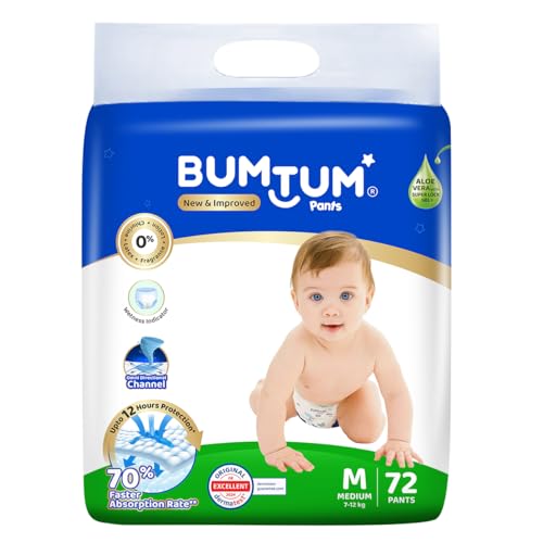 Bumtum Baby Diaper Pants, Medium Size, 72 Count, Double Layer Leakage Protection Infused With Aloe Vera, Cottony Soft High Absorb Technology (Pack of 1)