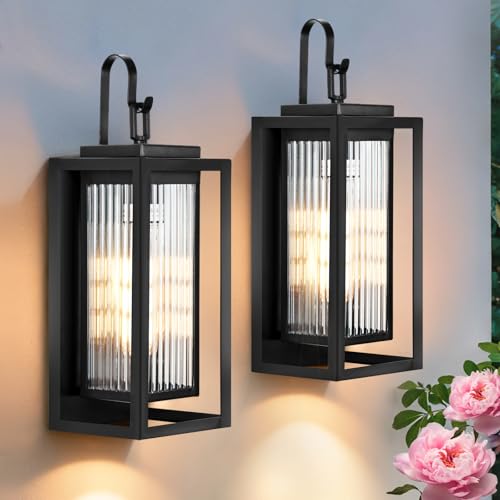 Image of 2 Pack Outdoor Wall Lights for House Exterior, 18 Inch Large Black Modern Lantern with Dual Metal Frame & Textured Glass, IP65 Waterproof (Bulbs Included)