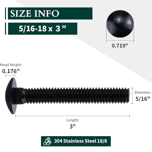 Image of 5 /16-18 x 3 inch Black Steel Carriage Bolts, 304 Stainless Steel 18-8, Round Domed Head Square Neck Carriage Bolts Screws, Coarse Thread UNC, 10 PCS