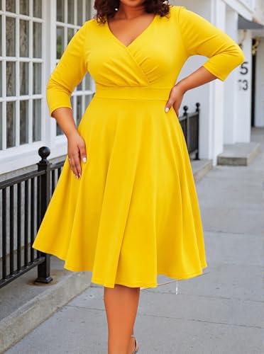 Image of Womens Plus Size Dresses Faux Wrap Summer Dress 3 /4 Sleeves V Neck 1950s Retro Vintage Wedding Party Midi Dress