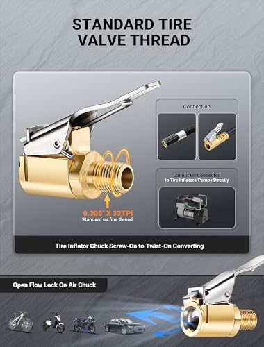 2 Pcs Brass Locking Tire Air Chuck, Tire Inflator Hose Adapter for Twist On Connection Convert to Lock On, No Air Leakage Air Compressor Pump Clip On Tire Chucks, Tire Nozzle with Tire Valve Thread