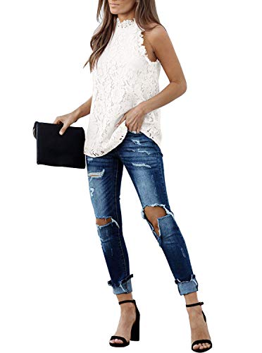 Berryou Women Lace Crochet Hollow Out Tank Tops Casual Blouse Summer Sleeveless Shirts Clubwear 2023 White M #TOP3