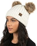 Funky Junque Women’s Double Pom Pom Beanie – Soft Knit Winter Hat for Women & Teens, Warm Cuffed Beanie with Fluffy Faux Fur Poms, Cozy Stylish Cold Weather Ivory/Natural Faux Fur
