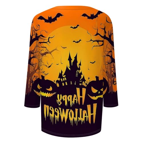Image of Women Spooky Halloween Graphic Shirt 3 /4 Length Sleeve Crewneck Top | Halloween Funny Printed Pumpkin Plus Size Tshirts 2026 Fall Outfits Skeleton Tee Going Out Tops