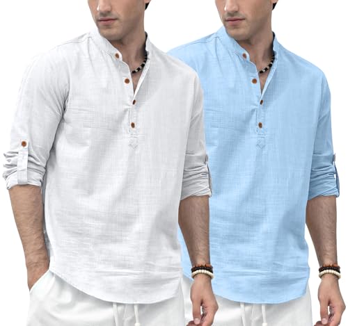 Image of Zombom Men's Combo Cotton Polyester Blend Solid Full Sleeve Straight Regular Fit Mandarin /Chinese Collor Kurta (Pack of 2)
