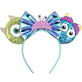 FACHPINT Monsters Mouse Ears for Party - Multicolored Sulley Sequin Blue Ears Photo Prop, Green Mr.Q Ears for Boy Theme Park, (1pc)