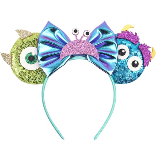 FACHPINT Monsters Mouse Ears for Party - Multicolored Sulley Sequin Blue Ears Photo Prop, Green Mr.Q Ears for Boy Theme Park, (1pc)