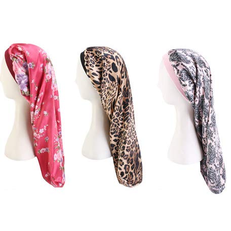 DEPHNARSA 3 Pieces Long Satin Bonnet Sleep Caps for Women Curly,Braids, Dreadlocks, Long Hair Soft Elastic Ban (D-Long Printed)