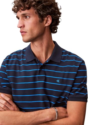 Calvin Klein Herren Poloshirt Kurzarm Striped Pique mit Knopfleiste, Blau (Dark Sapphire), 3XL – Ansicht 4