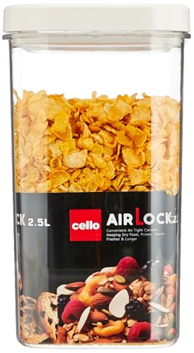 Image of CELLO Airlock Square Pet Storage Jar for Kitchen 2500 ml White | Freezer & Fridge Safe Airtight Stackable Pet Kitchen Storage Box Jar Container Set for Beans Whole Grains Spices Candy & Dry Fruits