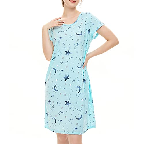American Trends Nightgowns For Women Cotton Night Shirts Short Sleeve Night Gown Dress Casual Pajamas Soft Sleepwear Green Star L #TOP1