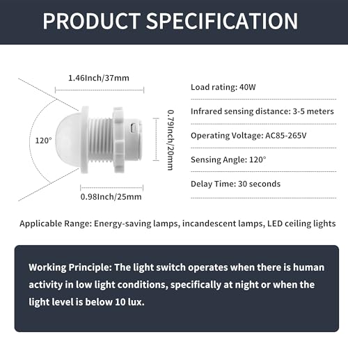 3 Packs Motion Sensor Light Switch, PIR Sensor Smart Detection Switch, 85-265V 40W, Ceiling or Wall Mount Smart Light Switch for LED Lamp, Bulb Light and More