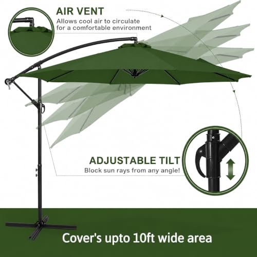 Image of Hukimoyo 10Ft Diameter Large Outdoor Patio Cantilever Offset Umbrella with Base Stand, Waterproof Heavy Duty Garden Parasol Sun Shade Canopy, Side Pole Umbrella for Backyard, Poolside, Deck, Lawn, Terrace, Cafe.