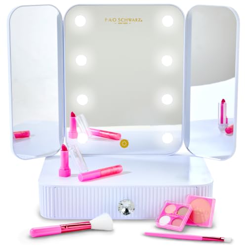 FAO Schwarz 8-Piece Makeup Vanity Studio with Light-Up Tri-Panel Mirror