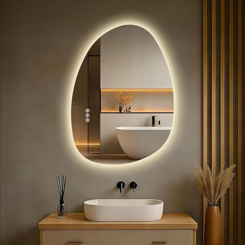 S'AFIELINA LED Bathroom Mirror, 75x55 cm Asymmetrical Wall-Mounted Mirror with Smart Touch Switch, Anti-Fog, Dimmable 3-Color Lights, Memory Function, Vanity Mirror for Modern Bathrooms/Living Rooms