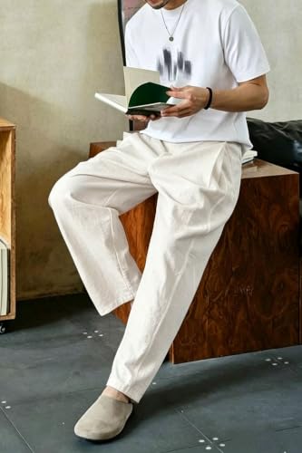 Heyfanee Linen Pants Men Casual Wide Leg Khaki Trousers Loose Fit 36 by Heyfanee - Used condition - Image 6