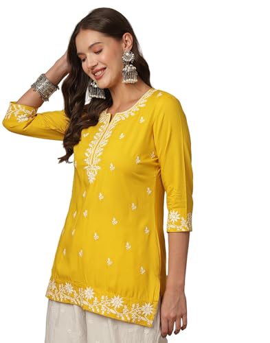 Skylee Women's Rayon Embroidered Straight Kurta (853TK8103C-M_Yellow)
