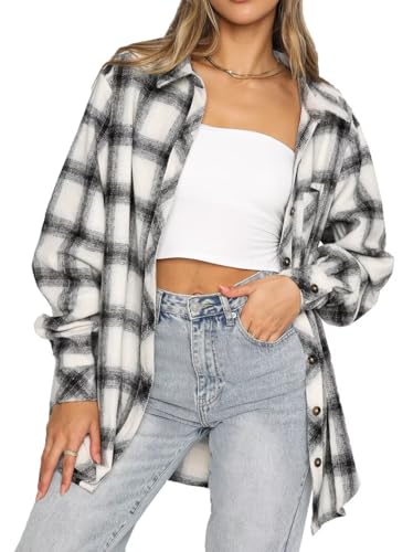 LACOZY Damen-Flanellhemd, kariert, langärmelig, übergroß, Büffelkariert, Hemdkragen, Button-Down-Blusen, Weiße Karos, S