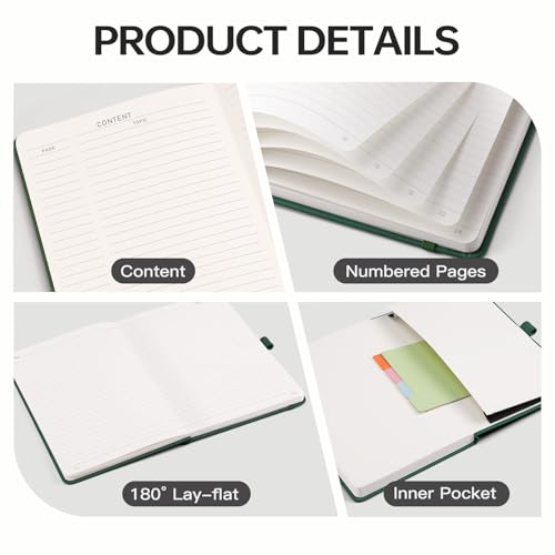 Image of EMSHOI Lined Journal Notebook, 192 Numbered Pages, A5 Size (5.7'' x 8.3'') | Leather Hardcover, 100 GSM Thick Paper, for Women & Men, Journaling, Writing, Work & Office, Sun Debossed (Dark green)