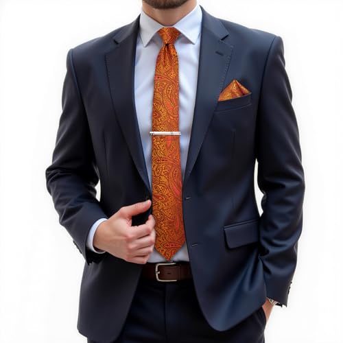 Image of DiBanGu Paisley Ties for Men Silk Necktie and Pocket Square Cufflinks Tie Clip Set Woven Classic Mens Tie for Wedding Party