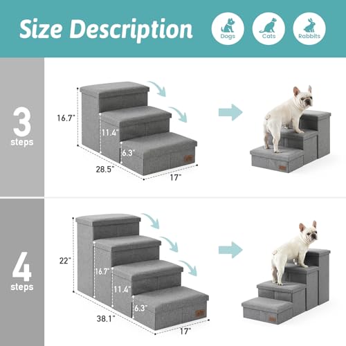Image of Dog Stairs with Storage, 4-Step Wider Sturdy Dog Steps for Small /Medium /Large Dogs and Older Cats, Folding Doggie Ramp for Bed /Couch /Car Hold Up to 180 lbs (22 inch H, Grey)