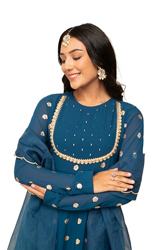 Image of FIORRA Women's Fit and Flare Floor Length Georgette Printed Gown with Dupatta