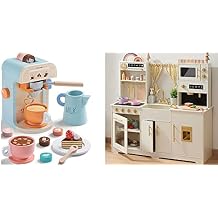 Tiny Land New Modern Play Kitchen for Kids & Kids Coffee Maker Wooden Kit, Toy Kitchen Set with Plenty of Play Features, Gift for Ages 3+