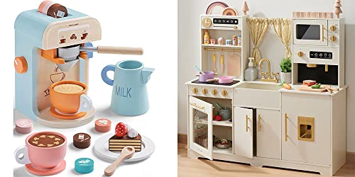 Image of Tiny Land New Modern Play Kitchen for Kids & Kids Coffee Maker Wooden Kit, Toy Kitchen Set with Plenty of Play Features, Gift for Ages 3+