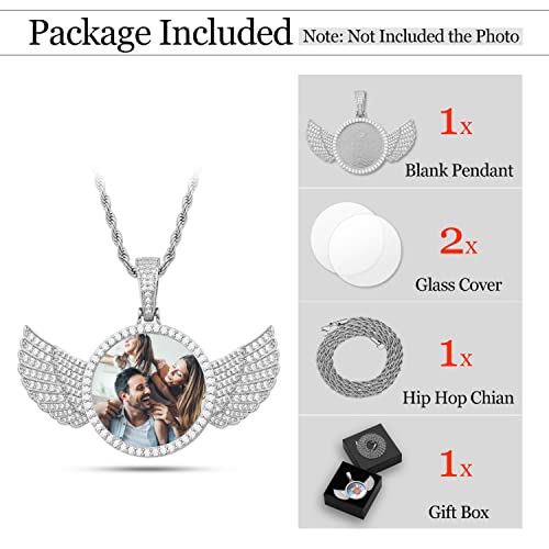 YIMERAIRE Blank Custom Picture Necklace Memorial Angel Wing Photo Pendant Iced Out Trays Necklace with Rope Chain for Women and Men3