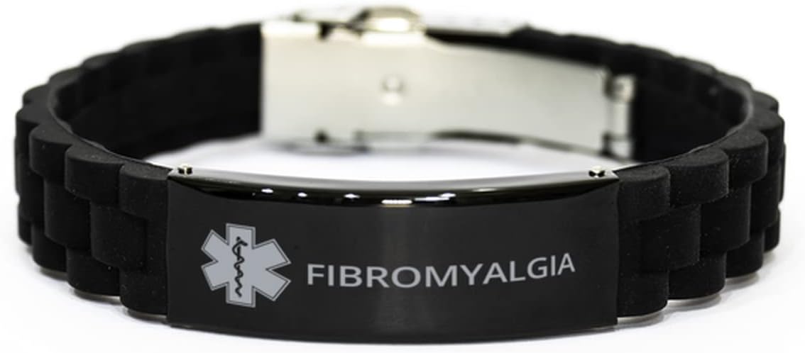 Medical Alert Bracelet, Fibromyalgia Awareness, SOS Emergency Health Life Alert ID Engraved Stainless Steel Jewelry Silver Bracelet for Men Women Kis