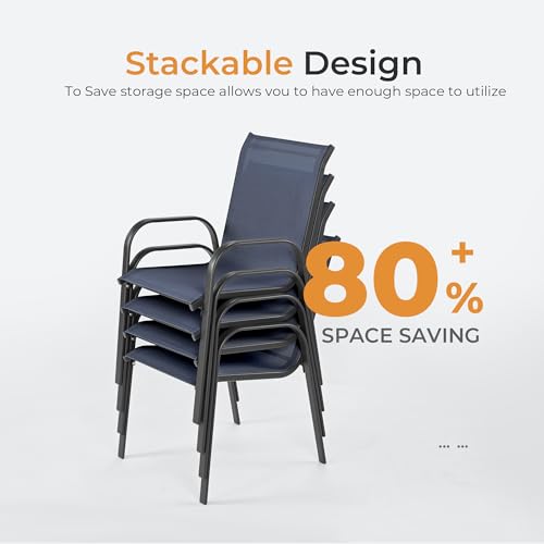 Image of HAPPATIO Outdoor Patio Dining Set, 8 Quick Dry Textilene Dining Chairs and Dining Table with Umbrella Hole, Stackable Textilene Chairs for Garden, Patio and Poolside Backyard, Blue