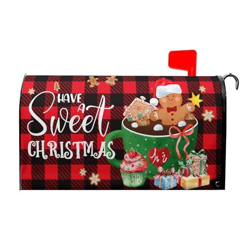 Image of 25.5 inchx21 inch Gingerbread Mailbox Cover Magnetic Large Size Have A Sweet Christmas Cookies Mailbox Wrap Post Cover with Red Black Buffalo Plaids for Yard Garden Outside Holiday Decor