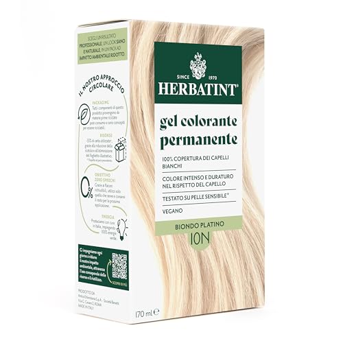 Herbatint Gel Colorante Permanente per Capelli 10N Biondo Platino - 170 ml | Senza Ammoniaca, 100% Copertura Capelli Bianchi | per Pelli Sensibili, con 8 Estratti Naturali Bio