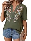 Mexican Shirts for Women Embroidered Tops Traditional Summer Blouse Floral Tunic V Neck Short Sleeve T Shirt...