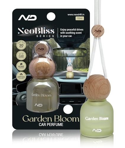 Image of NEODRIFT 'NeoBliss' (Set of 2) | (Garden Bloom) Car Hanging Diffuser Car Perfume & Air Freshener in Glass Bottle with Wooden Lid and Long Lasting Scent - 10ml
