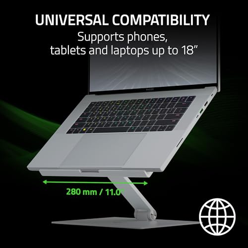 Image of Razer Adjustable Laptop Stand: Supports Phones, Tablets, Laptops, Macbooks up to 18 inch - Adjust Height and Tilt - Durable Aluminum Construction - Vented Design - Foldable for Storage & Travel - Mercury