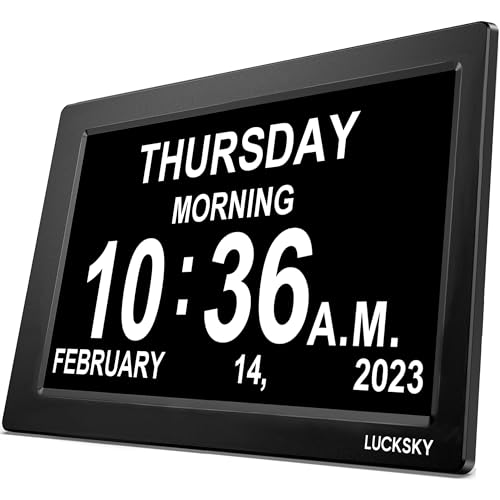 LUCKSKY 10 Inch Large Display Digital Calendar Day Clocks for Seniors, Accurate Time Digital Clock with Date and Day of Week, Adjustable Brightness, Loud Alarm, Easy to Use (Black)