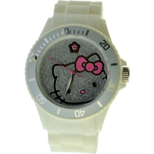 Hello KittyWomen's H3WL1040WT White Plastic Case Rubber Strap Pave Face and Flower at 12 Watch