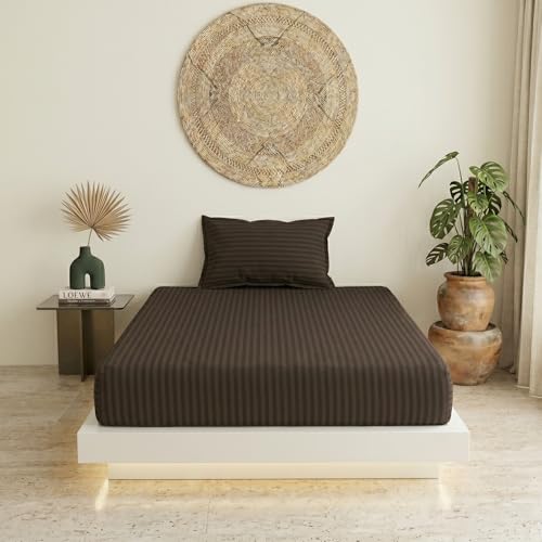 Image of Filymore Single Bed Bedsheet with 1 Pillow Cover, 300 TC Soft Microfiber Satin Striped Bedsheet, Brown Striped Bedcover for Single Bed, Breathable & Comfortable Bedding Set (90x60 Inches)
