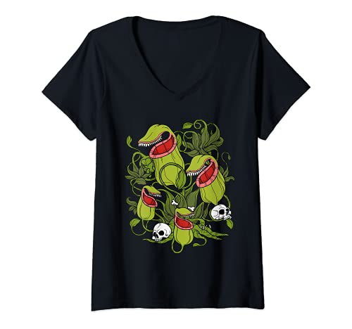 Mujer Planta jarro del norte Sarracenia Plantas carnívoras Camiseta Cuello V